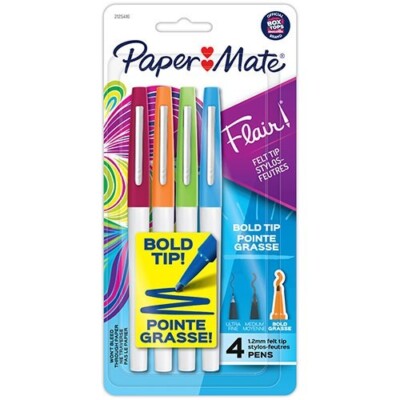 Paper Mate Flair Bold Felt Tip Pen 1.2mm Point 4/Pk Asst Color School Office Art