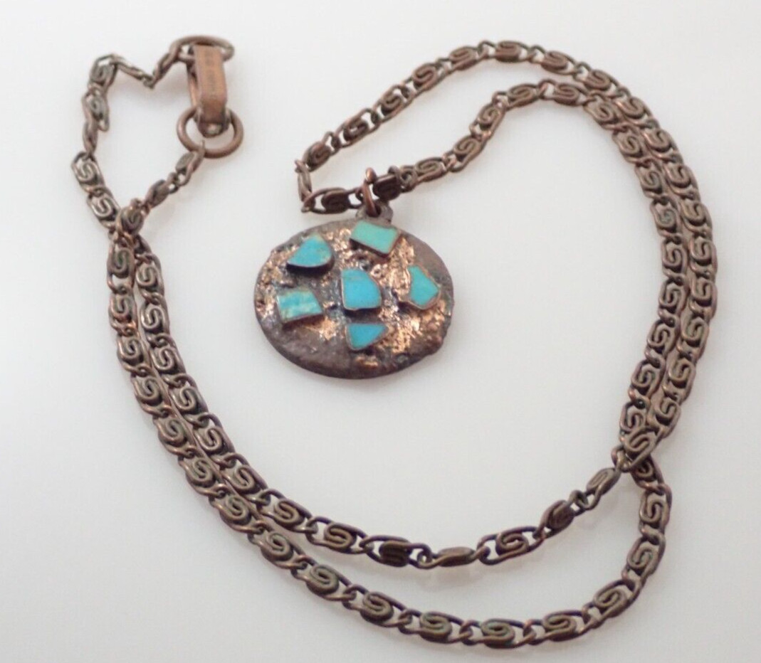 Vintage Solid Copper Bell Signed Turquoise Pendan… - image 7