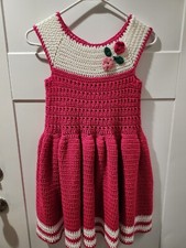 Hand Knit Crochet Knit Pink Ivory Floral Dress Back Button Euc Size 14/16