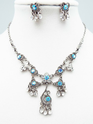 DESIGNER INSPIRIERT 18 Zoll BLAU KLAR KRISTALL SILBER BLUMEN TROPFEN SCHMUCK SET NEU - Bild 4 von 4