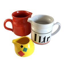 WÄCHTERSBACH Keramik Kanne Krug rot & weiss H 14 cm & Milchkännchen gelb