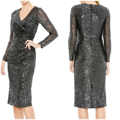 Mac Duggal NWT Sequined Ruched Faux Wrap Long Sleeve Dress Size 8 Gunmetal