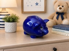 Blue Ceramic Piggy Bank Glossy Finish Kids Coin Bank Cute Nursery Decor