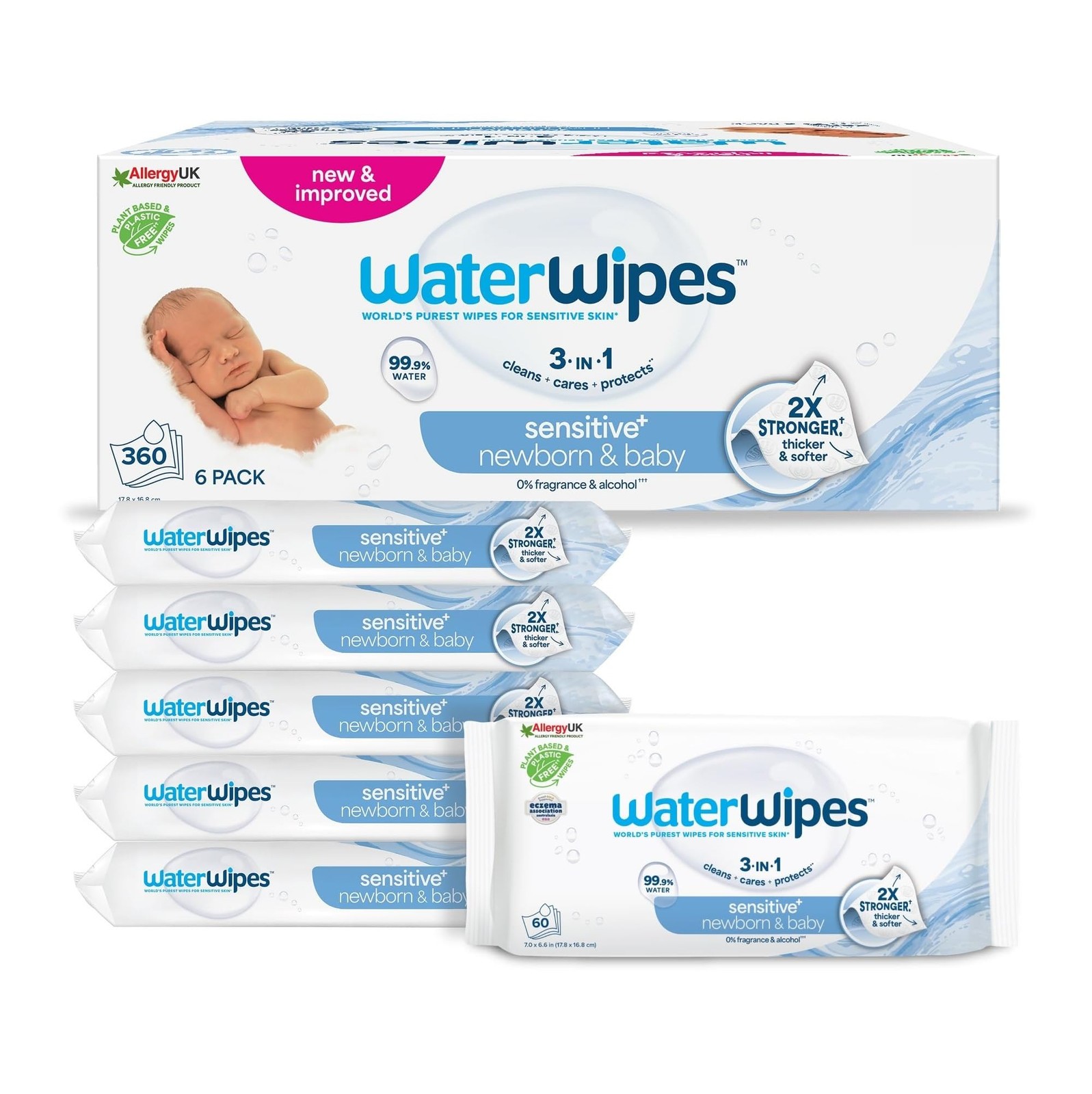 WaterWipes Sensitive+ Newborn & Baby Wipes, 99.9% Water, Unscented, 6 Pack - Image 3