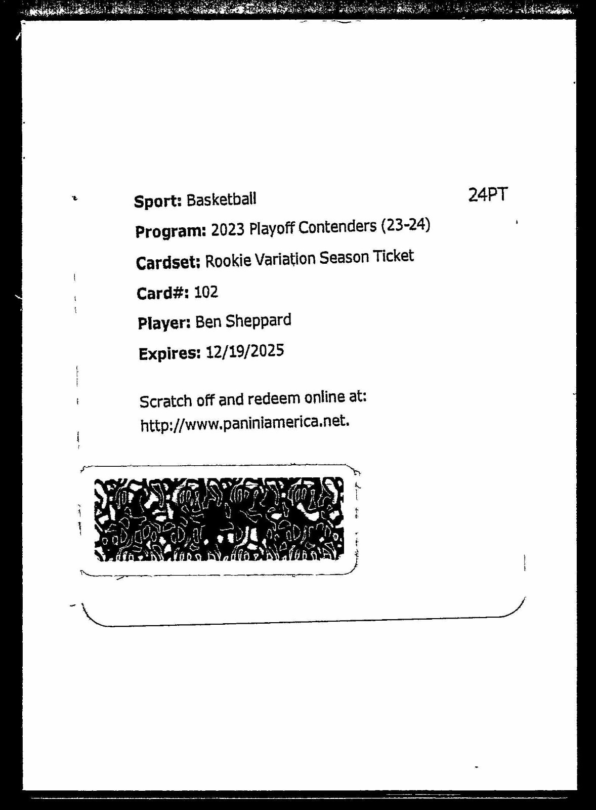 2023-24 Panini Contenders Ben Sheppard Rookie Season Ticket Variation Auto