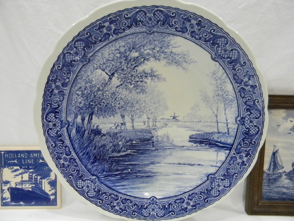 Delft Blue 4 Piece Lot with Large Wall Plate, Framed Tile, Hexagon
