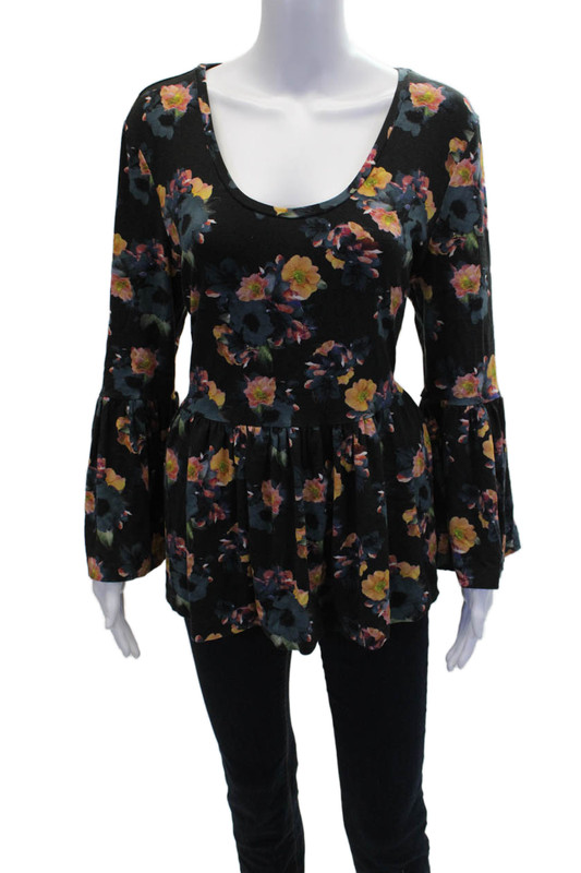 Artelier Nicole Miller Womens Floral Long Flounce Sleeve Blouse Black Size XL