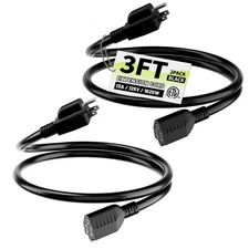 16/3 Black Indoor Outdoor Extension Cord 3 Ft 2 Pack Waterproof, Heavy Duty Exte