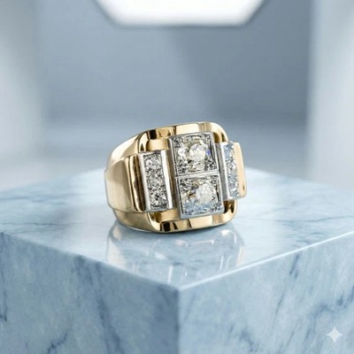 Men's Cluster Pinky Ring 14K Yellow Gold Plated 2.30Ct Round Cut Moissanite