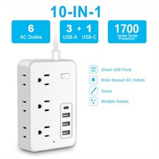 Slim Flat Plug Power Strip, Multi AC Outlets USB-C Charging Station, 4 10FT Cord