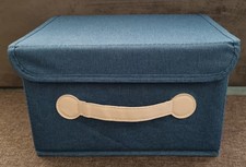 Small Lidded Foldable Teal Blue Fabric Storage Box With White Handle 