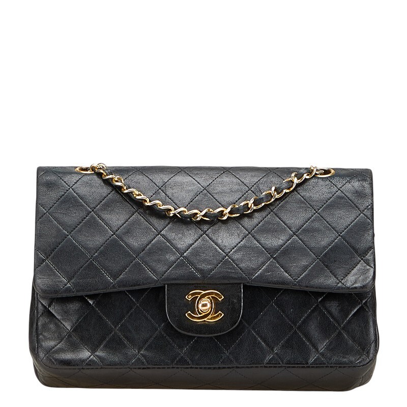 CHANEL Coco Mark Double Flap Bag Black Lambskin Leather Chain Shoulder Purse Women