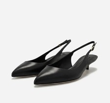 Black Leather Slingback Adjustable Strap Pointed Toe Kitten Heels