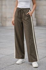 ZARA Wide Leg Pants Women M Elastic Waist Pinstripe Brown Side Stripe