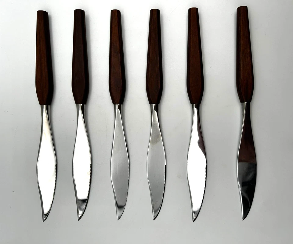 Juego de 6 cuchillos para carne vintage Town & Country Fleetwood asas de madera Washington Forge Foto 3 de 4