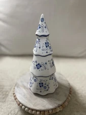 Decorative Ceramic Christmas Tree Statue - Blue and White Chinoiserie Cone 9inch