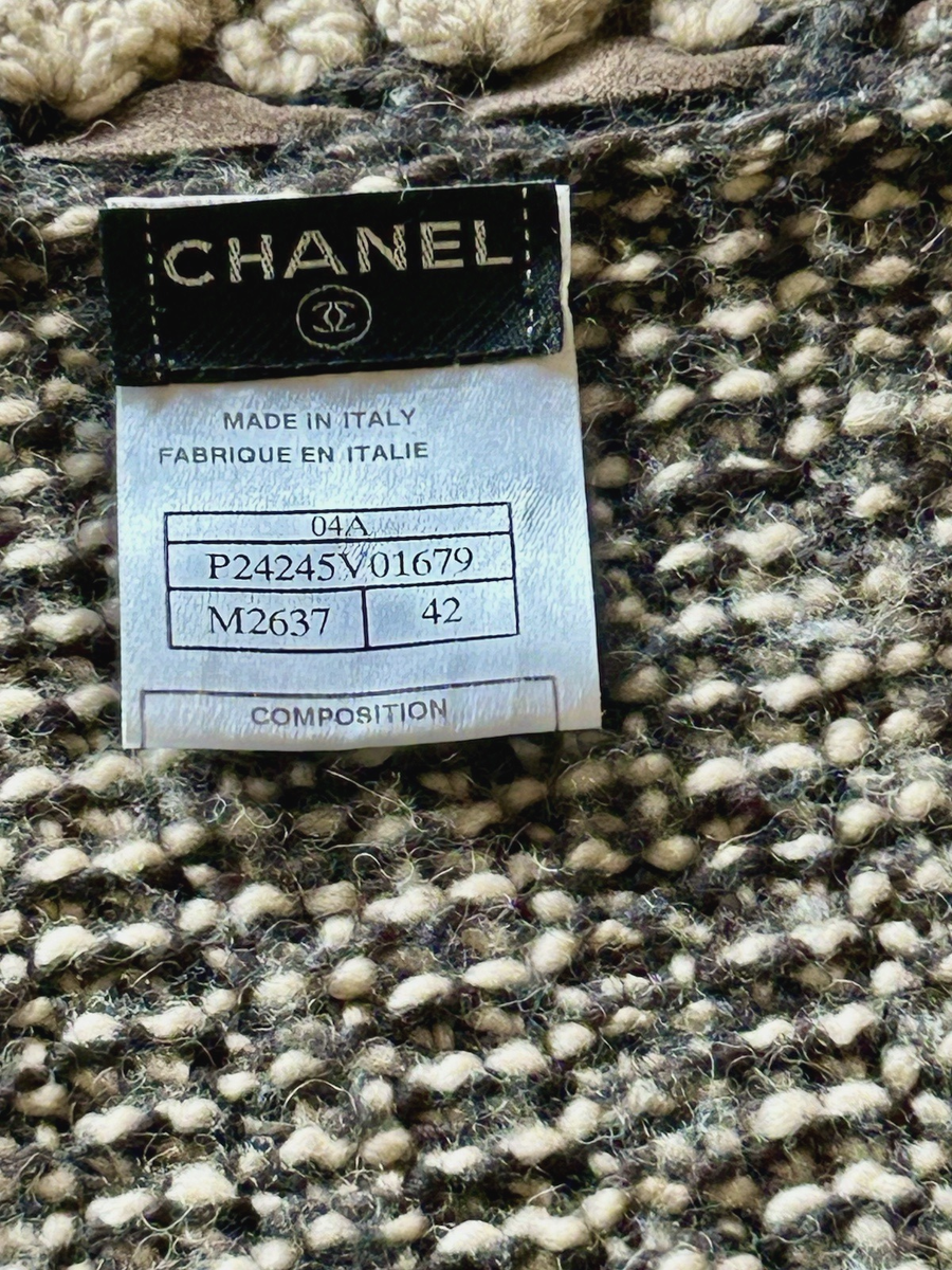 CHANEL Brown & Camel Tweed Leather Trim Cardigan Sweater ~ French