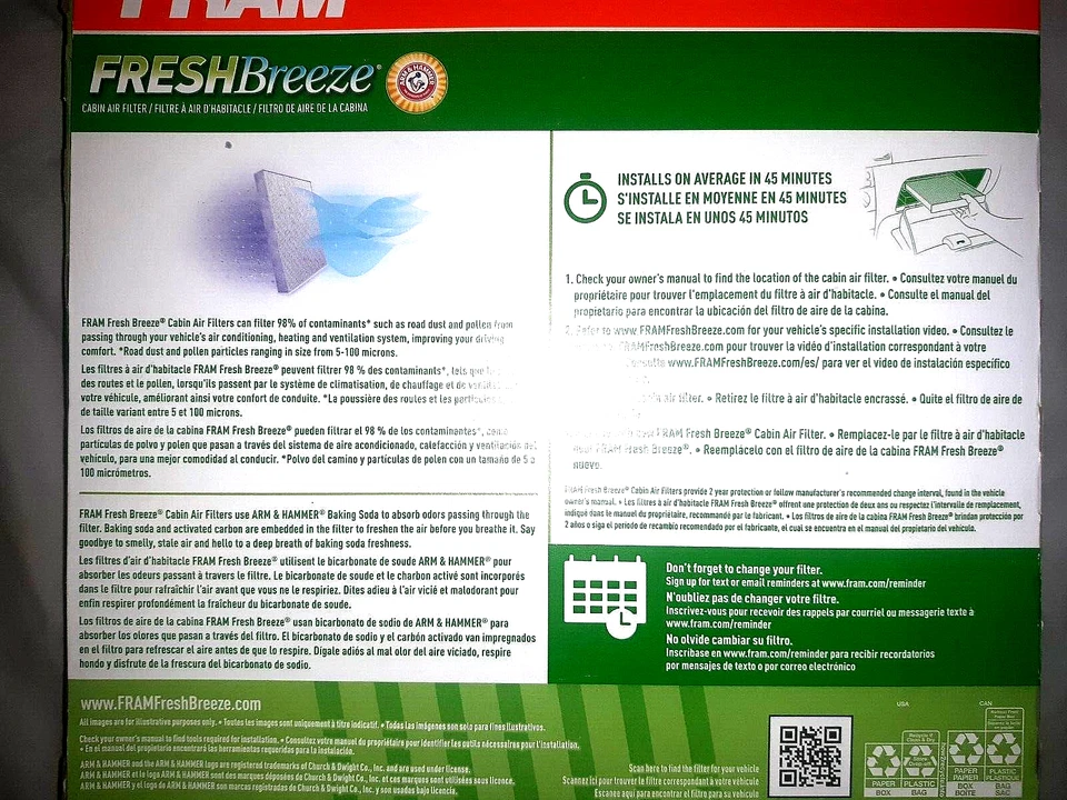 Filtro de aire de cabina Fram Freshbreeze CF10743 para Chrysler/Nissan 9" x 8" Foto 2 de 2