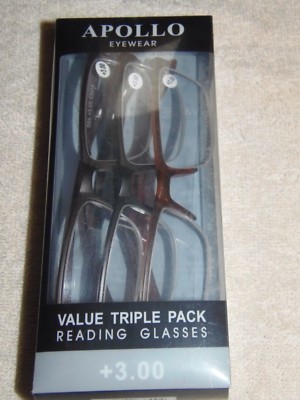 3 pr Apollo Eyewear - + 3.00 Reading Glasses Value Triple Pack A(7-PO-40A-1)