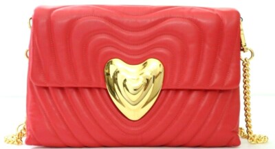 Escada Medium Leather Quilted Heart Clutch Shoulder Bag Red Ruby 