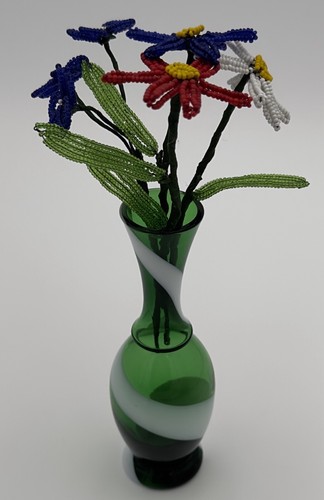 Japan Hand-Blown Emerald Green White Swirl Glass Vase 6" & Glass Beads Flowers - 第 1/13 張圖片