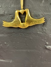 Wooden Gold Pair of Kissing Turtle Doves Heart Bird Hanging Decoration 6.25" w