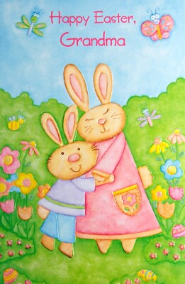 Cute EASTER Card FOR GRANDMA FROM KID, Rabbit Hug by Bella Greetings + Envelope