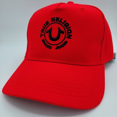 True Religion Men's Snapback Baseball Cap Hat Circle Embroidered Logo Red  Black
