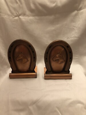 5  Tall Two Piece Set Book Ends Horse Within A Horseshoe Copper SKU HW