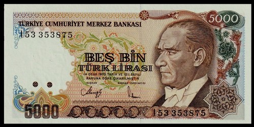 Turkey 5000 , 5.000 Lira P 198 UNC * 1990 * ATATURK *** Serie : I 53*** - 第 1/2 張圖片