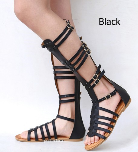 New Women Tan Black White Strappy Gladiator Knee High Tall Sandals - Picture 5 of 14