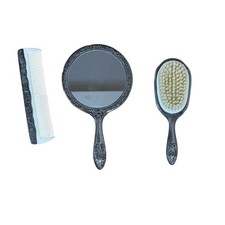 Vintage Vanity Set Silver Plate Hand Mirror Brush Comb 3 Piece Ornate Heavy