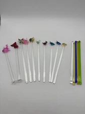 15 Vtg Drink Stirrers Swizzle Sticks Hand Blown Glass Animals And Solid Bar Ware