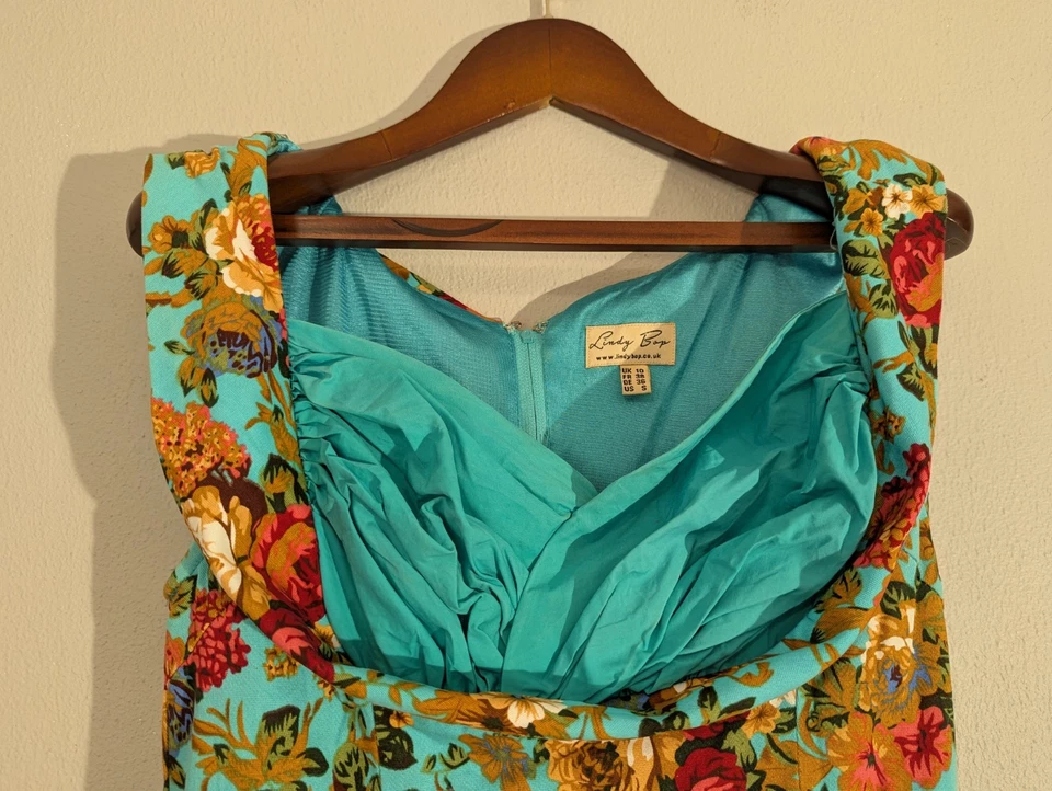 Lindy Bop Dress Turquoise Floral Size UK 10  Sleevless Pockets 50s - image 4 of 4