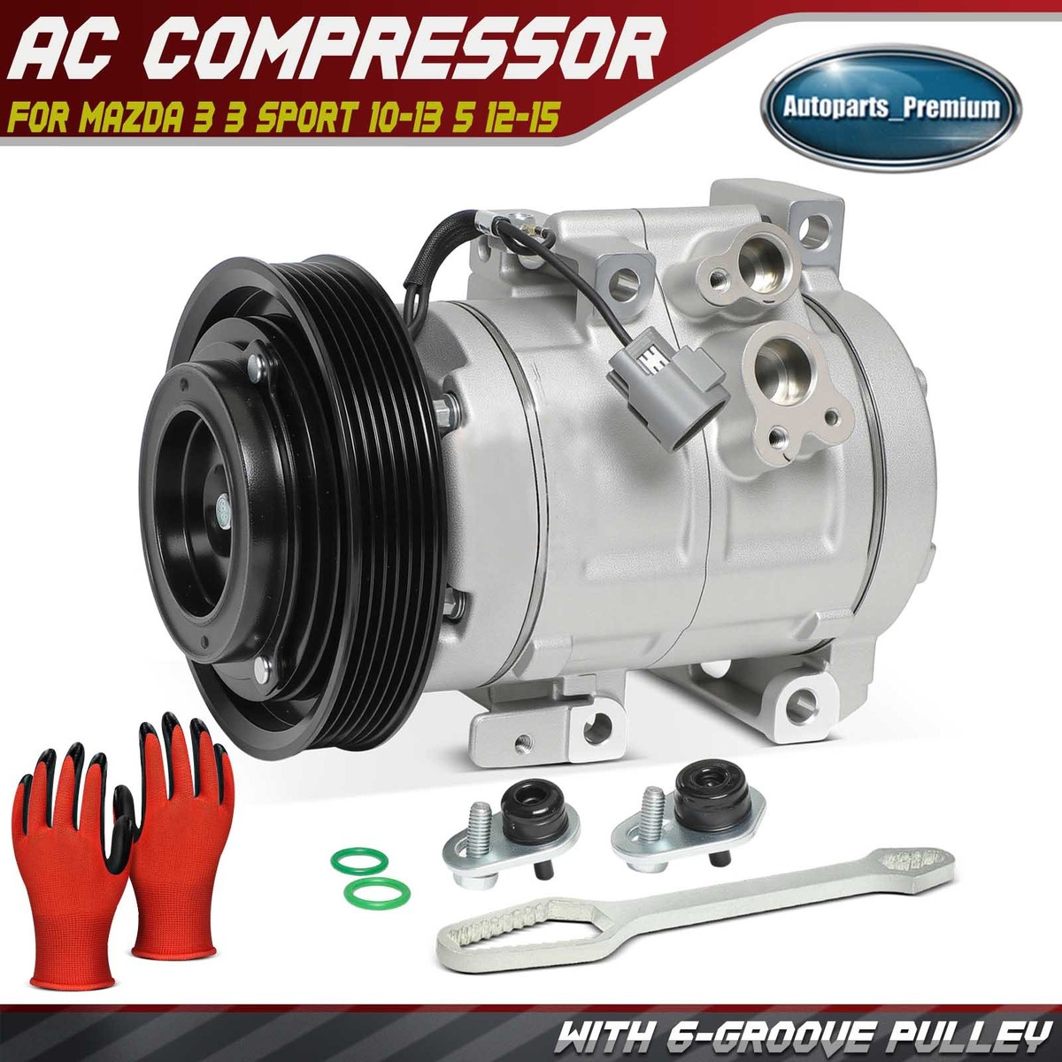 AC Compressor with 6-Groove for Mazda 3 3 Sport 10-13 5 12-15 2.5L