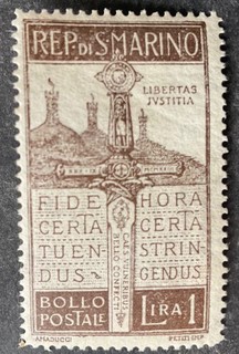San Marino 1923 1 lire brown stamp mint hinged