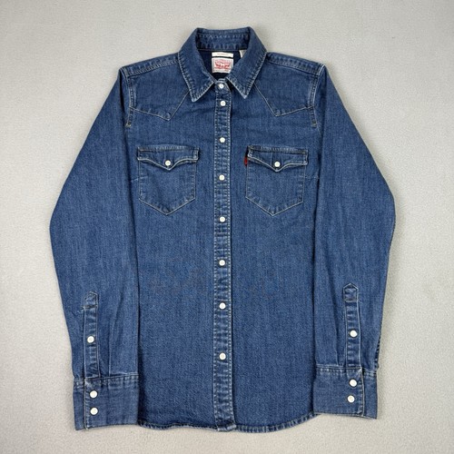Levis Hemd Damen mittelblau Denim Perlen Druckknopf Western Cowboy Taschen maßgeschneidert