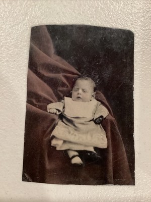 Tin Type Young Baby With Very Sleepy Eyes Vintage Photo