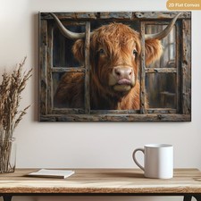 Highland Cow Looking Rustic Wooden Window Framed Canvas Art Farmhouse Wall Decor