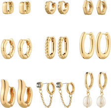 9 Pairs Gold Chunky Hoop Earrings Set for Women, 14K Gold Plated Twisted Huggie