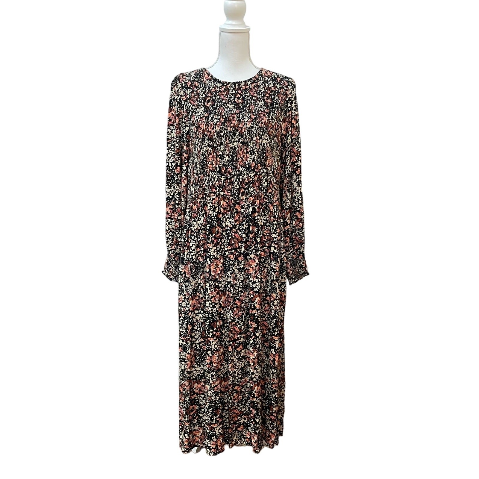 Fat Face Fern Shirred Black Floral Print Size 14 Long Sleeve Viscose Midi Dress