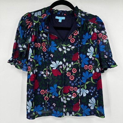 Draper James Navy Floral Mesh Ruffle V-Neck Tie Top XS Short Sleeve Blouse