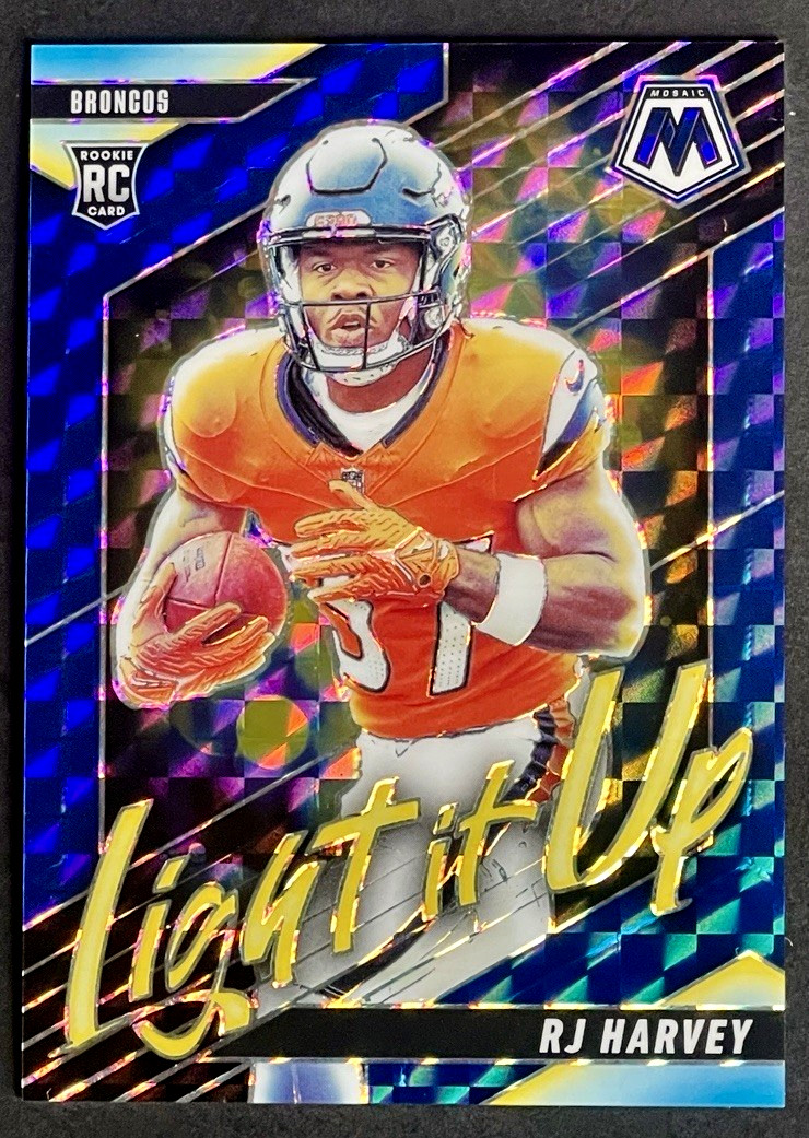 2025 Panini Mosaic RJ Harvey /99 Rookie Light It Up Blue Prizm RC #18 Broncos