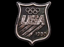 HL23112 VINTAGE 1980 USA OLYMPICS BADGE-SHAPED PEWTER BUCKLE