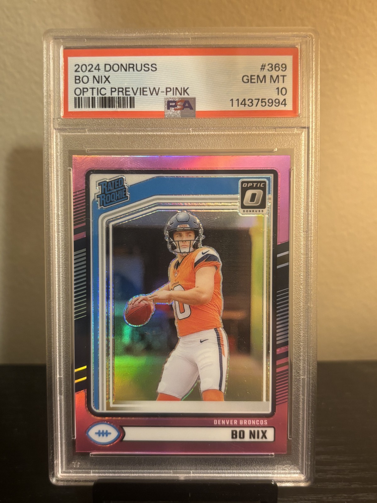2024 Panini Donruss - Rated Rookie Bo Nix #369 Optic Preview Pink Prizm PSA 10