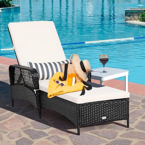 Costway PE Rattan Chaise Lounge Chair Armrest Recliner Adjustable Pillow Black - Picture 2 of 7
