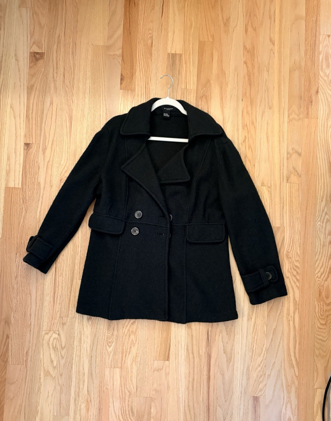 Sandro Wool Pea Coat Gray/Green Women Size Large Mid Length Button Front