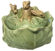 Vtg 1968 Holland Tureen Cabbage Lettuce Bunny Bowl w/ Lid Mold Green 7” Tall