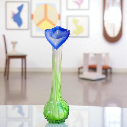 Art Glass Calla Lily Jack In The Pulpit Murano Style Vase Blue Green Hand Blown - Picture 2 of 9