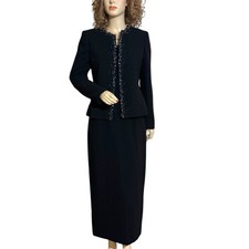 NWT Black KASPER Suit Set Skirt Jacket Blouse Blazer 3-Piece Beaded Sequins SZ 4